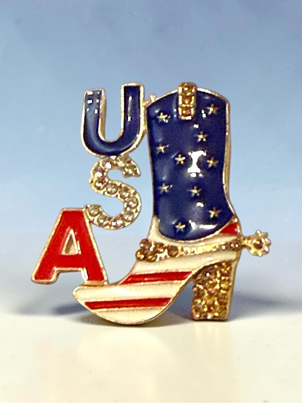 Patriotic USA Cowboy Boot Brooch in Red White and Blue